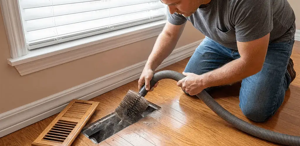 Air duct cleaning technician vacuuming a floor vent and duct opening in Orlando, FL