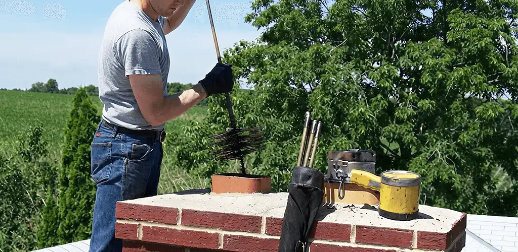 Chimney cleaning technician working on a rooftop chimney with professional tools in Orlando, FL