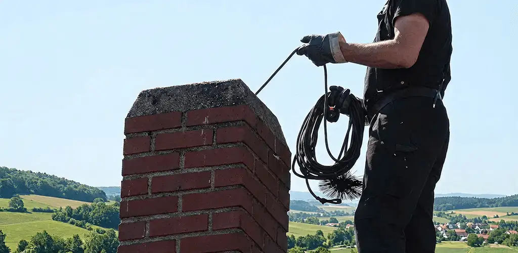 Chimney sweep inspecting and cleaning a rooftop chimney in Orlando, FL