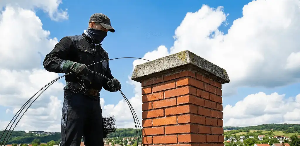 Chimney sweep cleaning a brick chimney with professional tools in Orlando, FL