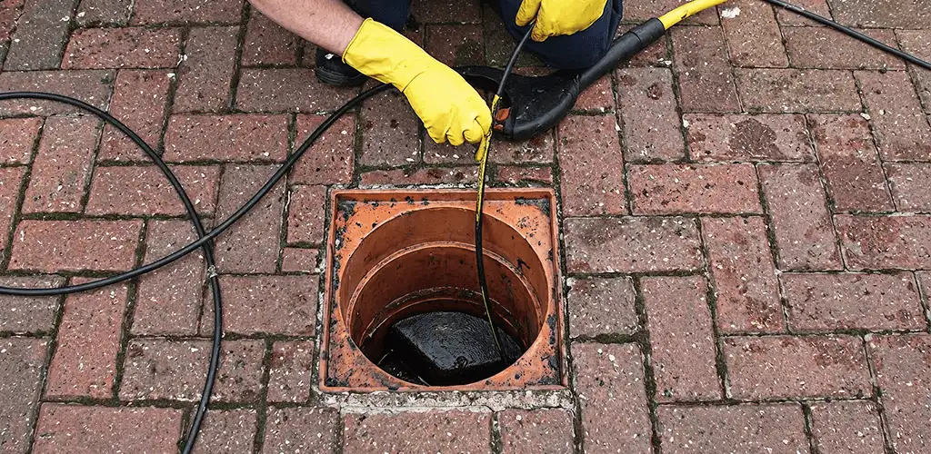 Drain cleaning technician using a drain snake to clear a clogged drain in Orlando, FL