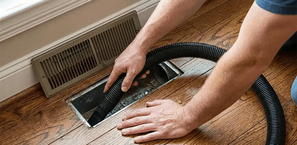 Air duct cleaning technician vacuuming a floor register and duct opening in Orlando, FL