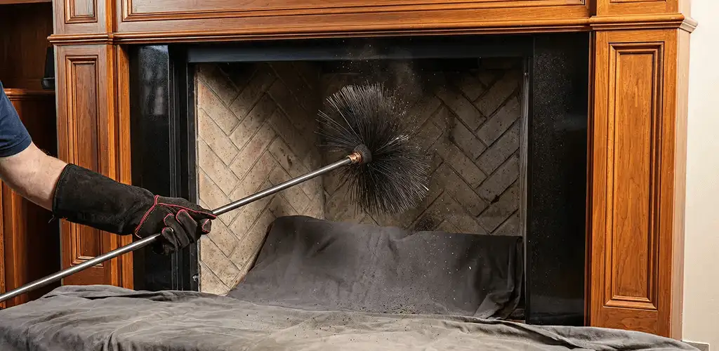 Chimney cleaning service brushing soot from a fireplace and flue in Orlando, FL