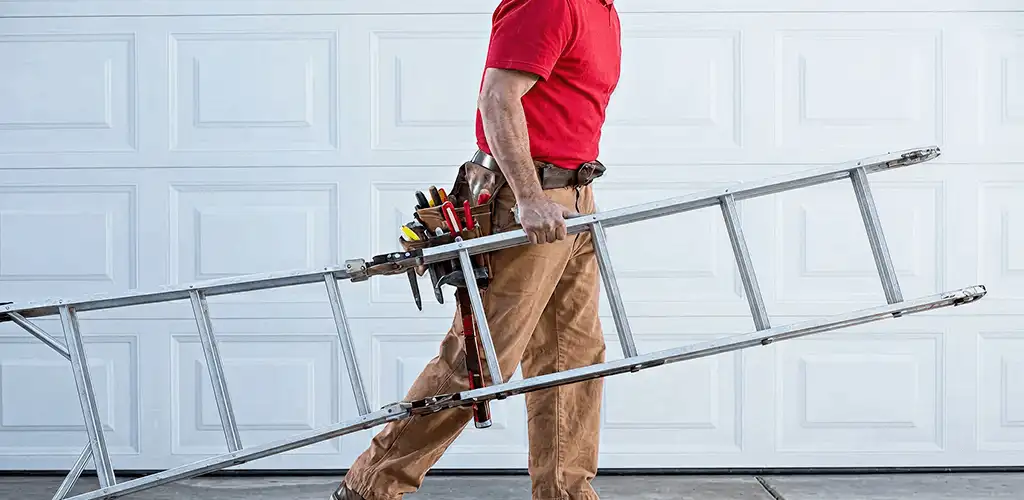 Garage door repair technician arriving with tools and ladder in Orlando, FL