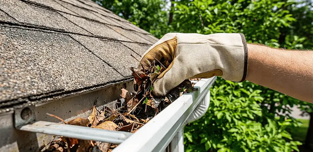 Gutter cleaning removing leaves and debris from roof gutters in Orlando, FL