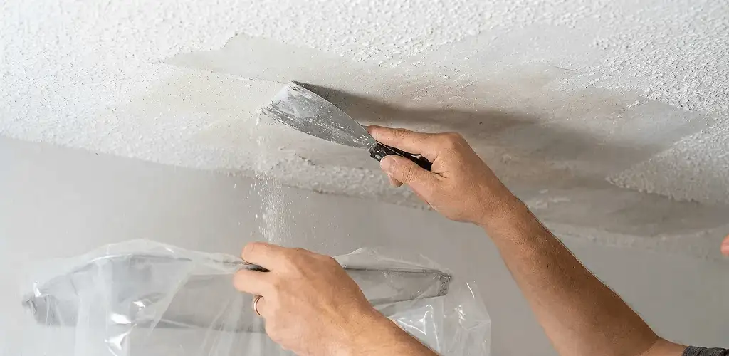 Popcorn ceiling removal technician scraping texture from a ceiling in Orlando, FL