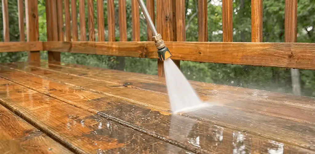 Pressure washing a wood deck to remove dirt and buildup in Orlando, FL