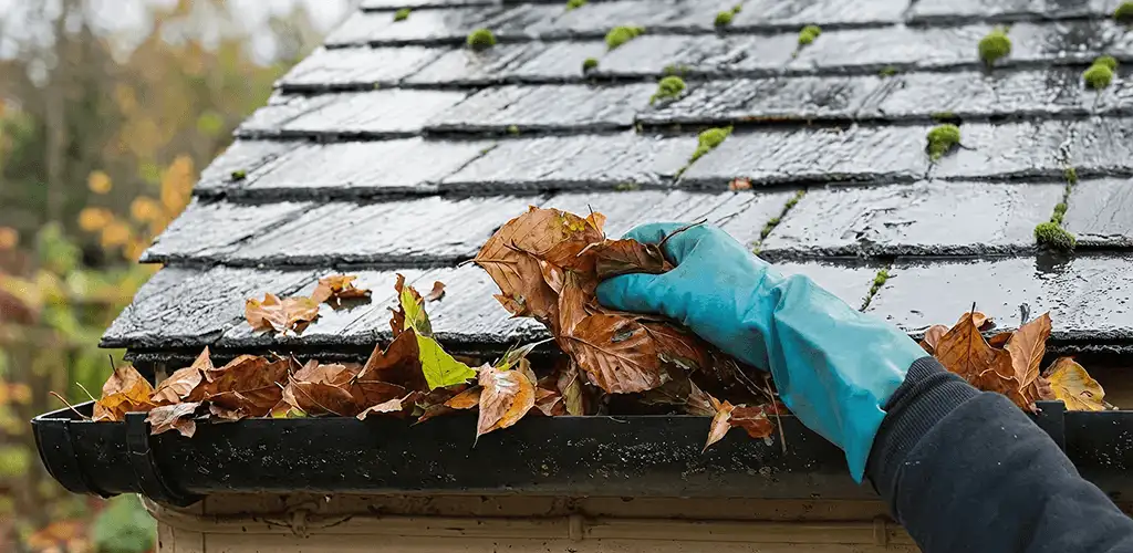 Gutter cleaning technician clearing wet leaves from roof gutters in Orlando, FL