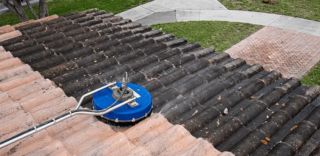 Roof pressure cleaning removing debris and buildup from roof tiles in Orlando, FL