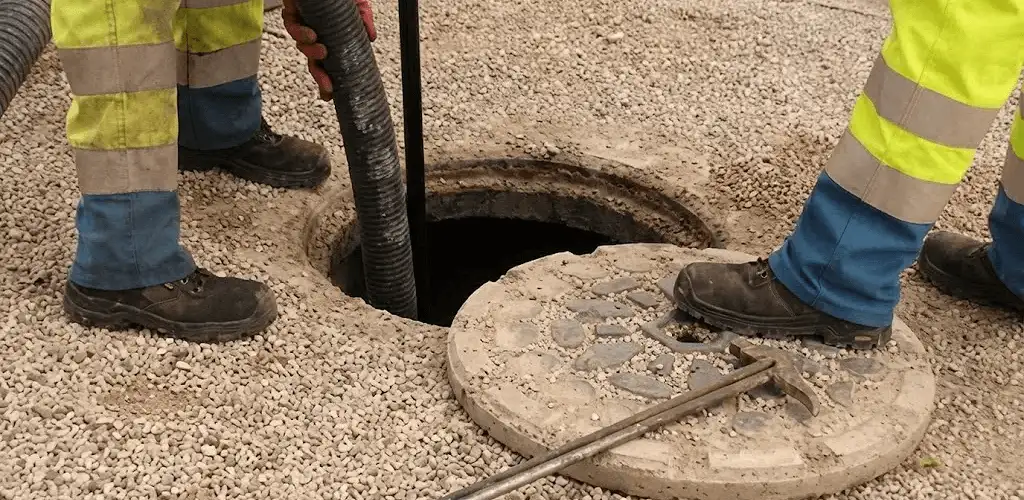 Drain cleaning crew clearing a sewer access point with professional equipment in Orlando, FL