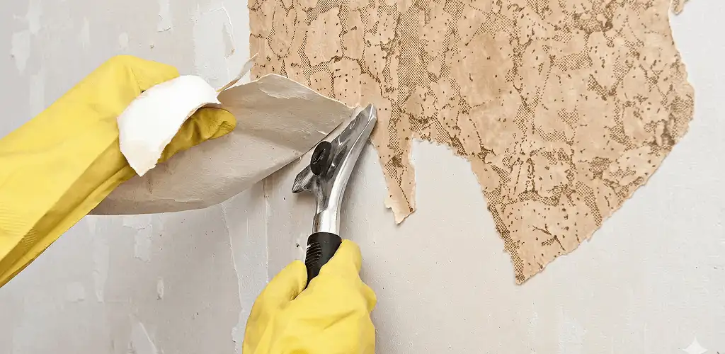Wallpaper removal service stripping old wallpaper from a wall in Orlando, FL